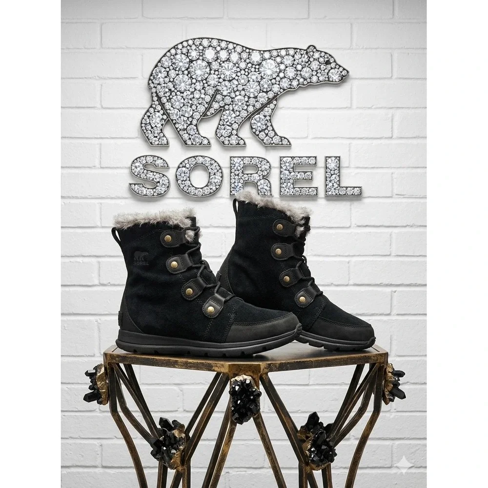 Sorel Whitney 🖤Short Lace Black Suede Faux Fur Waterproof Winter‎ Boots